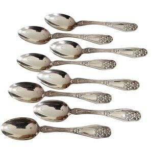 8 Rogers Art Nouveau Floral Teaspoons 6" flower handle 1930s silverplate
